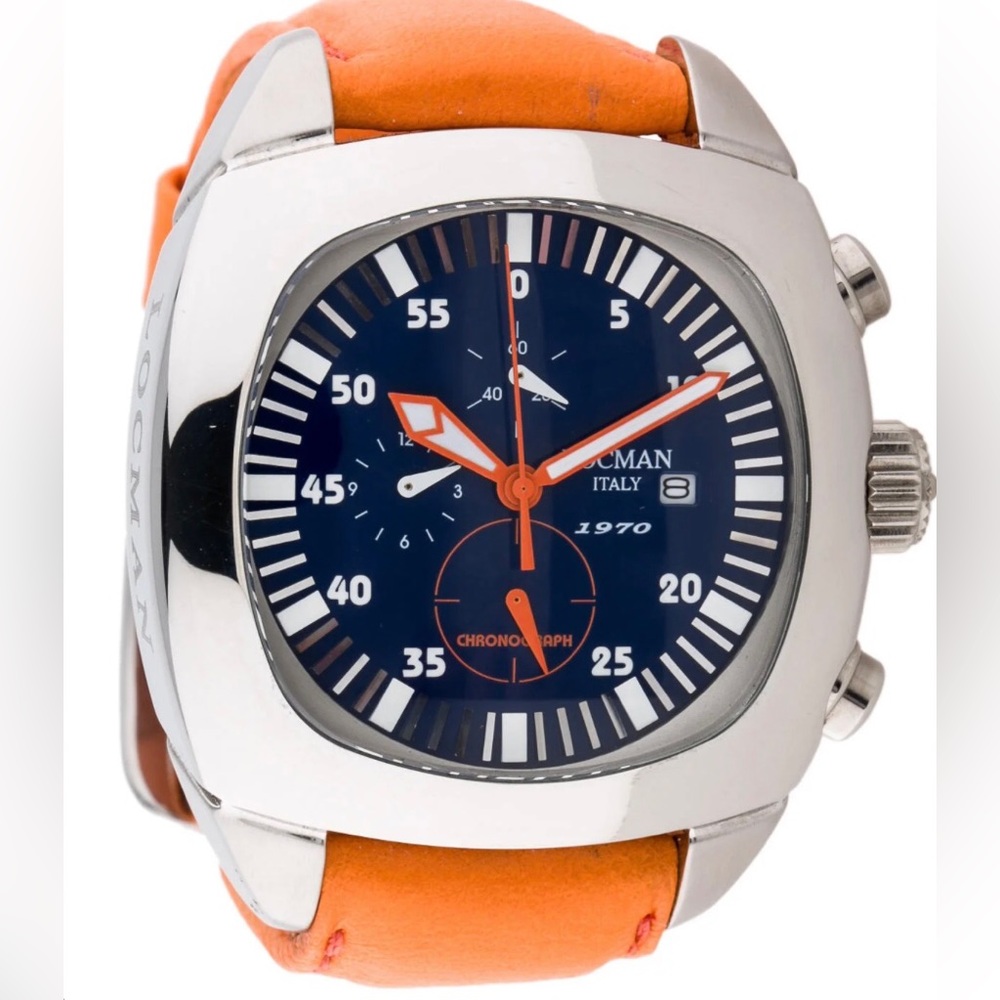 Amazing, authentic, vintage Locman chronograph 52 mm watch, orange band. EUC!